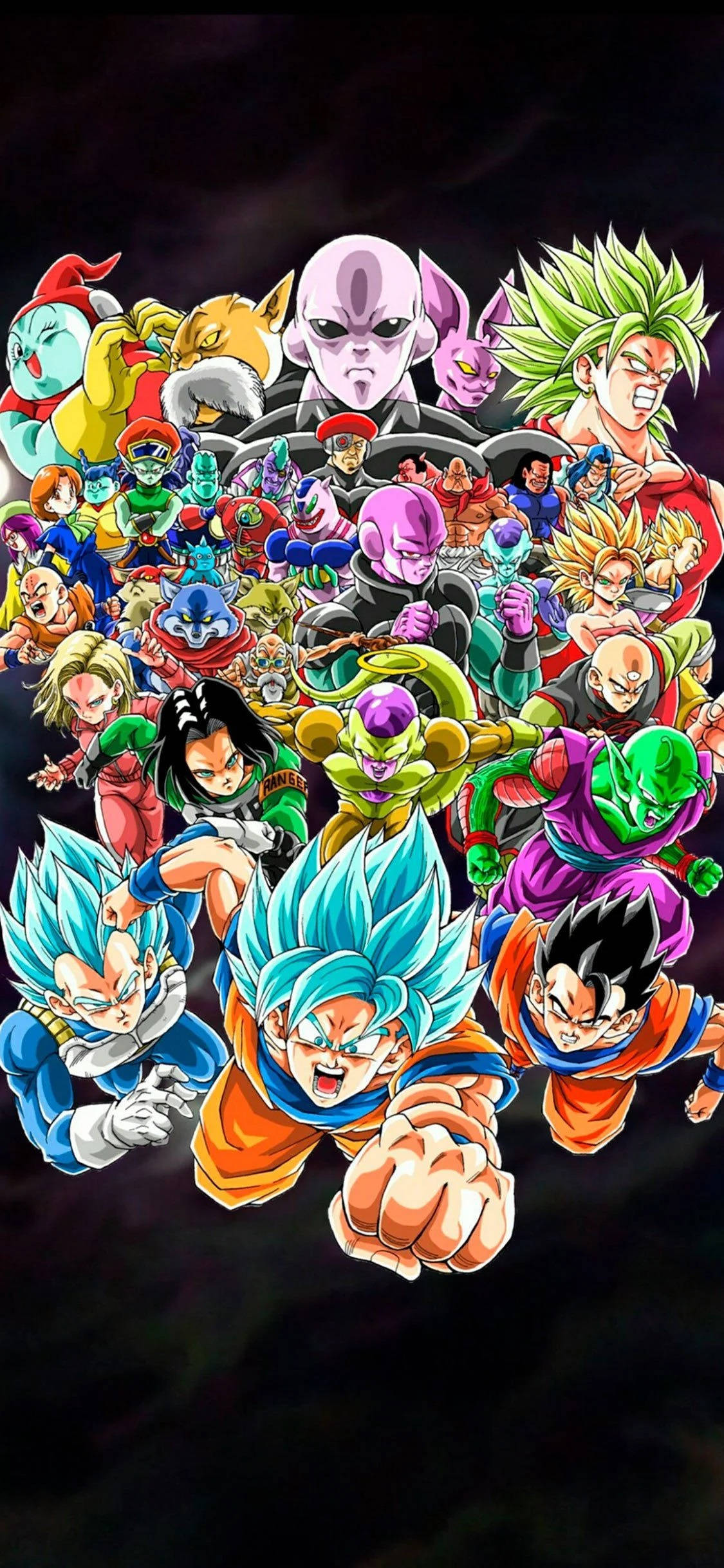 ball 桌布 壁紙 — 一幅充滿活力的動漫拼貼畫，描繪七龍珠角色在黑暗宇宙背景下的動態姿勢。