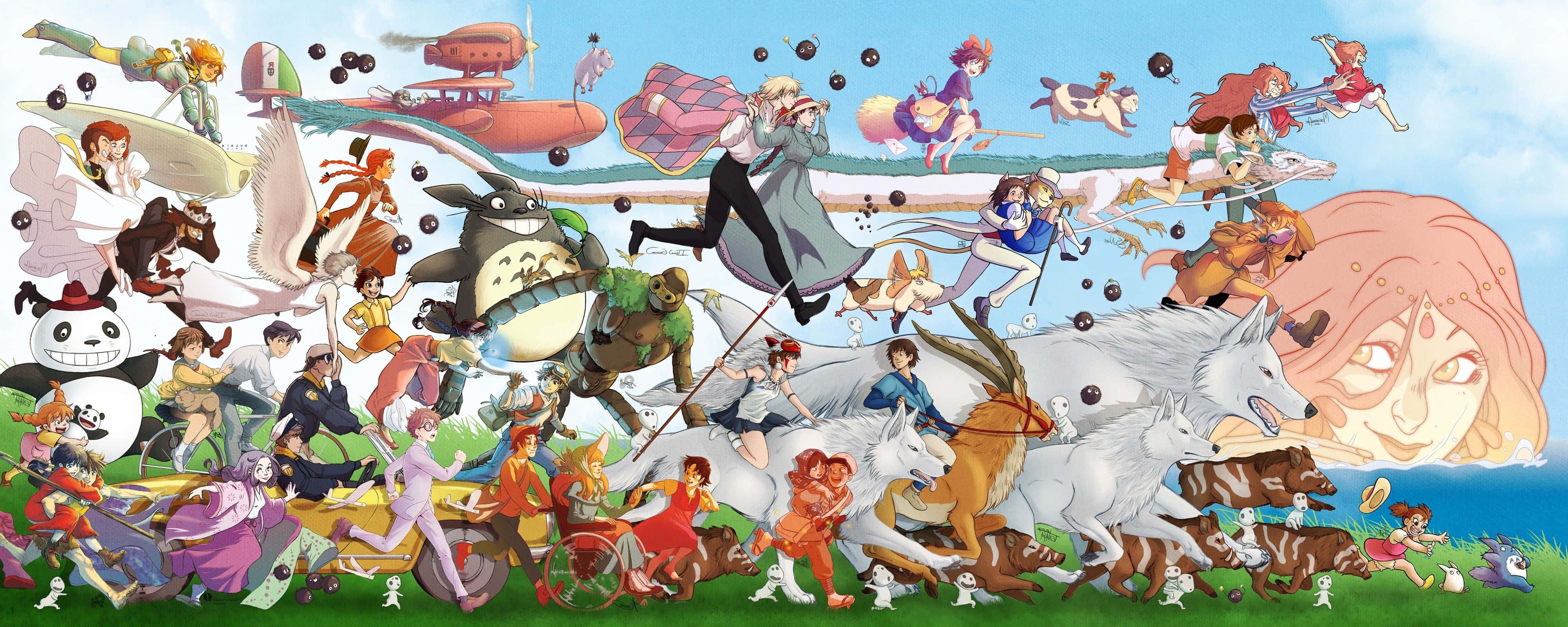 Hayao Miyazaki Movies 桌布 壁紙 — 一幅充滿活力的動漫拼貼畫，描繪了《龍貓》和《崖上的波妞》等吉卜力工作室角色，背景是動態的天空和草地。