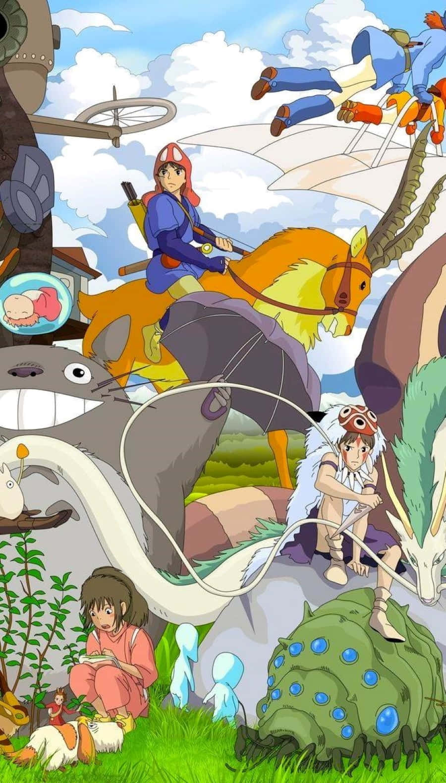 Hayao Miyazaki Movies 桌布 壁紙 — 一幅充滿活力的動漫拼貼畫，描繪了《龍貓》和《霍爾的移動城堡》中的角色，在一個奇幻的戶外場景中，有飛行的生物和夢幻元素。