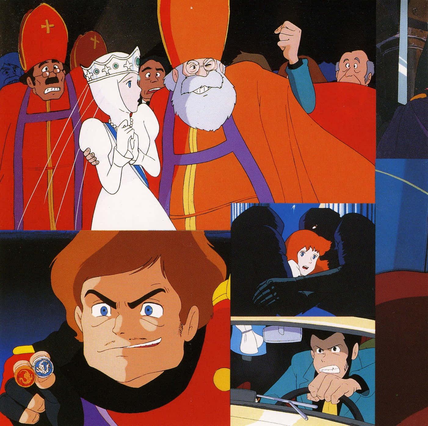 Lupin Iii The Castle Of Cagliostro 桌布 壁紙 — 一幅充滿活力的動漫拼貼畫，描繪了一位戴著王冠的公主、憤怒的戰士和緊張的汽車追逐，採用大膽的紅色和藍色。