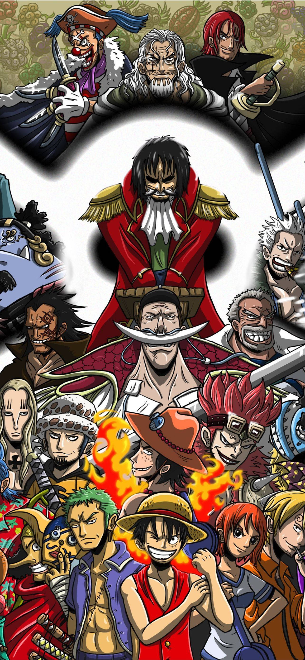 海賊王 4K 桌布 壁紙 — 一幅充滿活力的動漫拼貼畫，描繪了《One Piece》角色以動感姿勢呈現，帶有火焰般的點綴和粗線條輪廓。