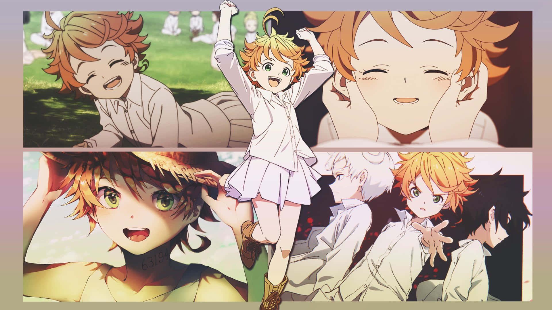 The Promised Neverland Emma 桌布 壁紙 — 一幅充滿活力的動漫拼貼畫，描繪了橘色頭髮的開朗角色在歡樂的戶外場景中。