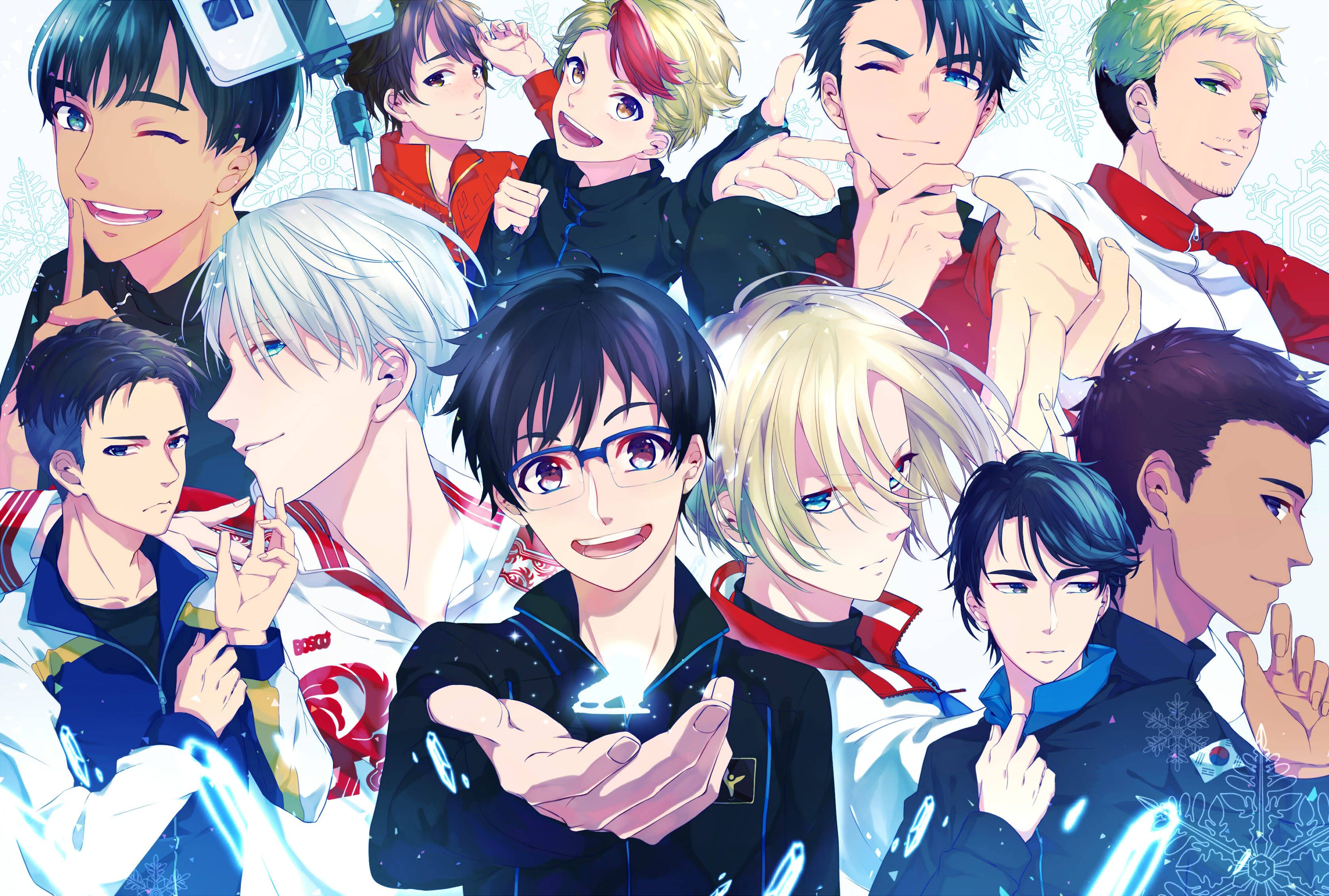 yuri 桌布 壁紙 — 一幅充滿活力的動漫拼貼畫，描繪了多位男性角色穿著冬季運動裝備，帶著愉快表情和發光效果擺姿勢。
