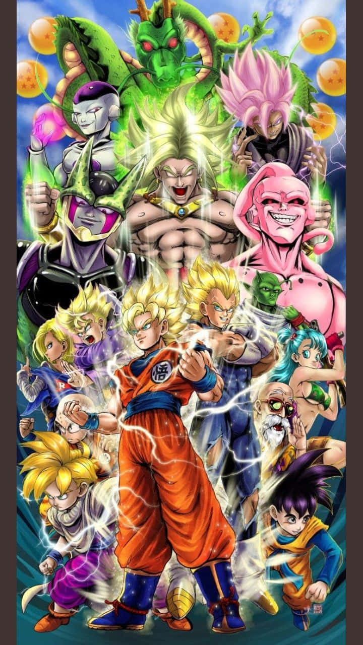 桌布 壁紙 — 一幅充滿活力的動漫拼貼畫，描繪了龍珠角色如悟空和弗利沙，以動態姿勢展現能量效果和漂浮球體。