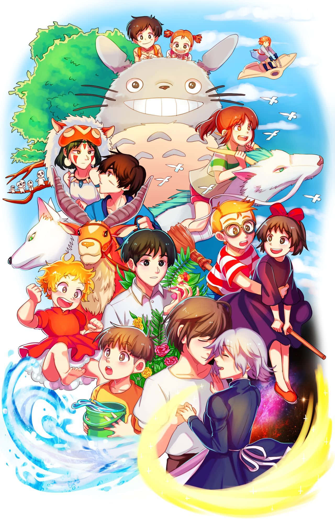 Studio Ghibli Art 桌布 壁紙 — 一幅充滿活力的動漫拼貼畫，描繪了龍貓和深受喜愛的吉卜力工作室角色，在歡樂的天空場景中，有旋轉的水和發光的光芒。