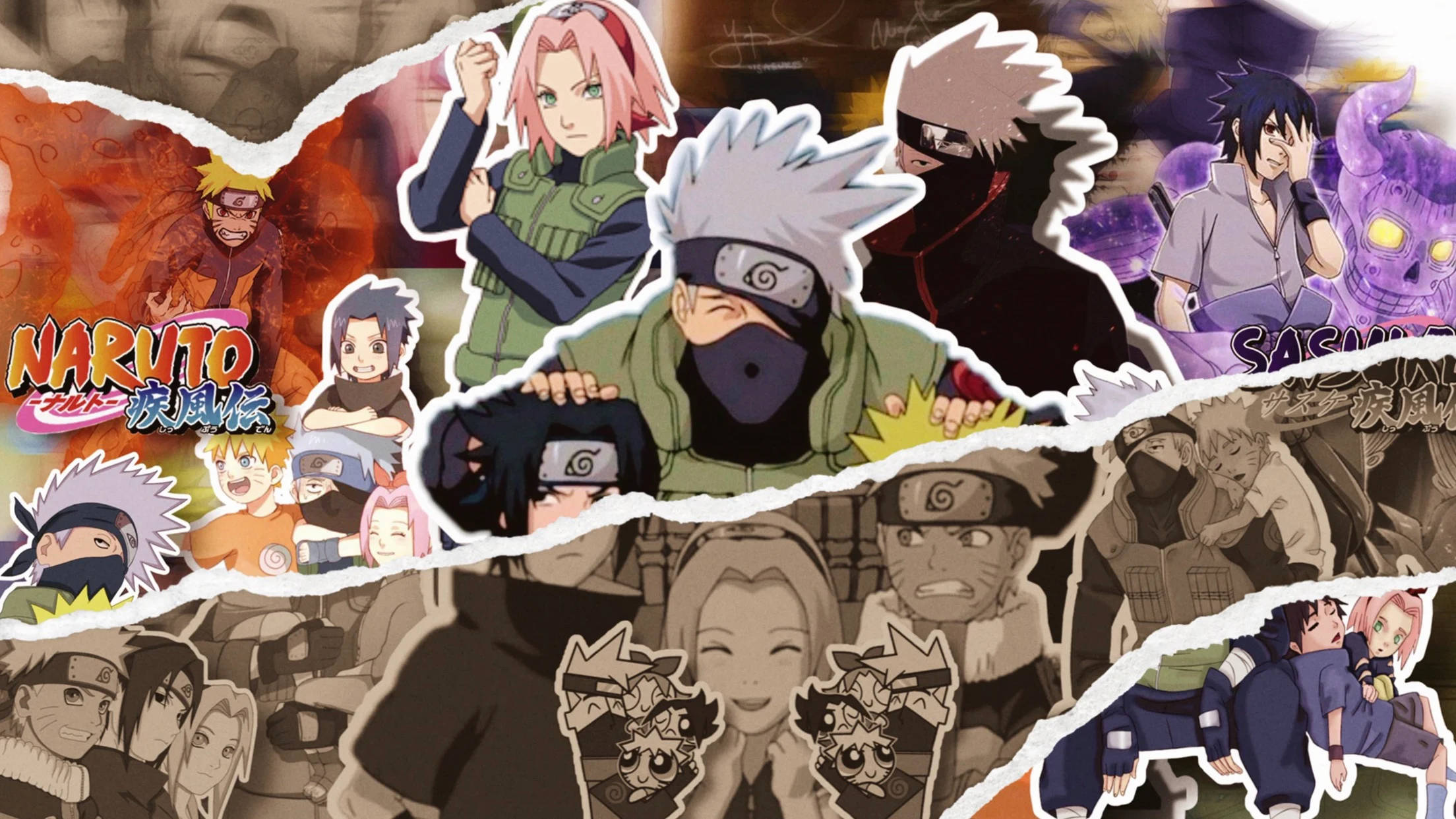 Naruto Shippuden Cool 桌布 壁紙 — 一幅充滿活力的動漫拼貼畫，描繪了火影忍者角色以動態姿勢呈現，帶有撕裂的紙張邊緣和大膽的色彩。