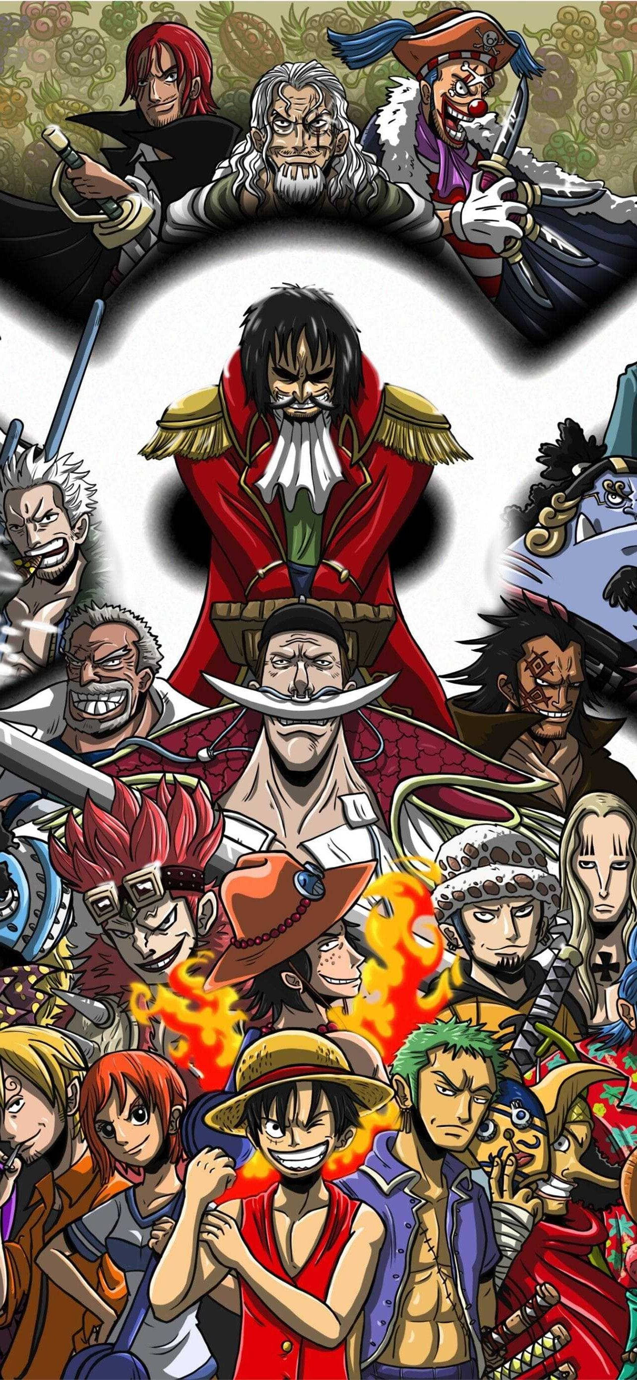 海賊王 iPhone 壁紙 桌布 壁紙 — 一幅充滿活力的動漫拼貼畫，描繪了《One Piece》角色以動感姿勢呈現，帶有火焰般的點綴和鮮明的紅色，背景是旋轉的綠色。
