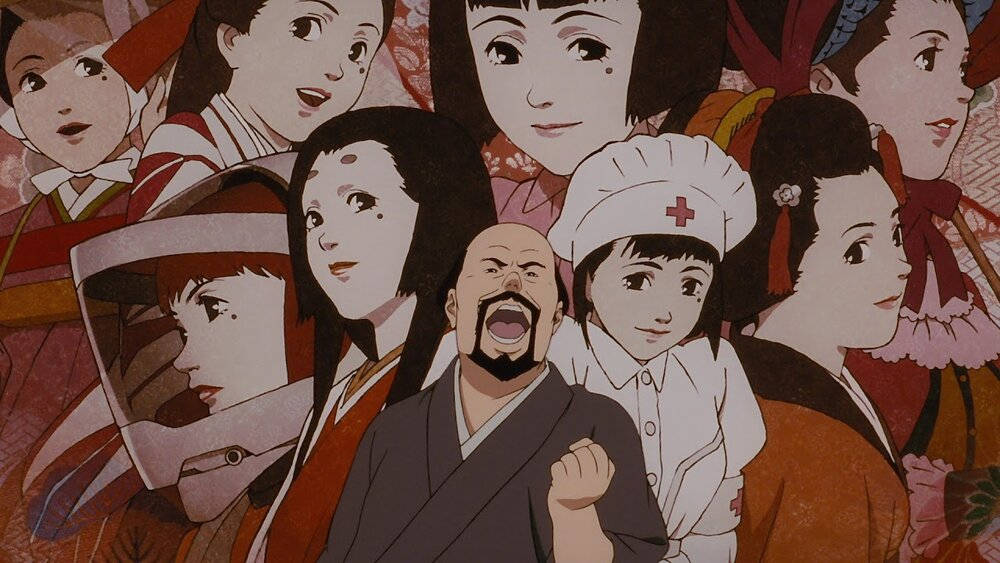 satoshi kon 桌布 壁紙 — 一幅充滿活力的動漫拼貼畫，描繪了多種日本角色，包括一位大喊的僧侶和一位護士，背景圖案豐富。