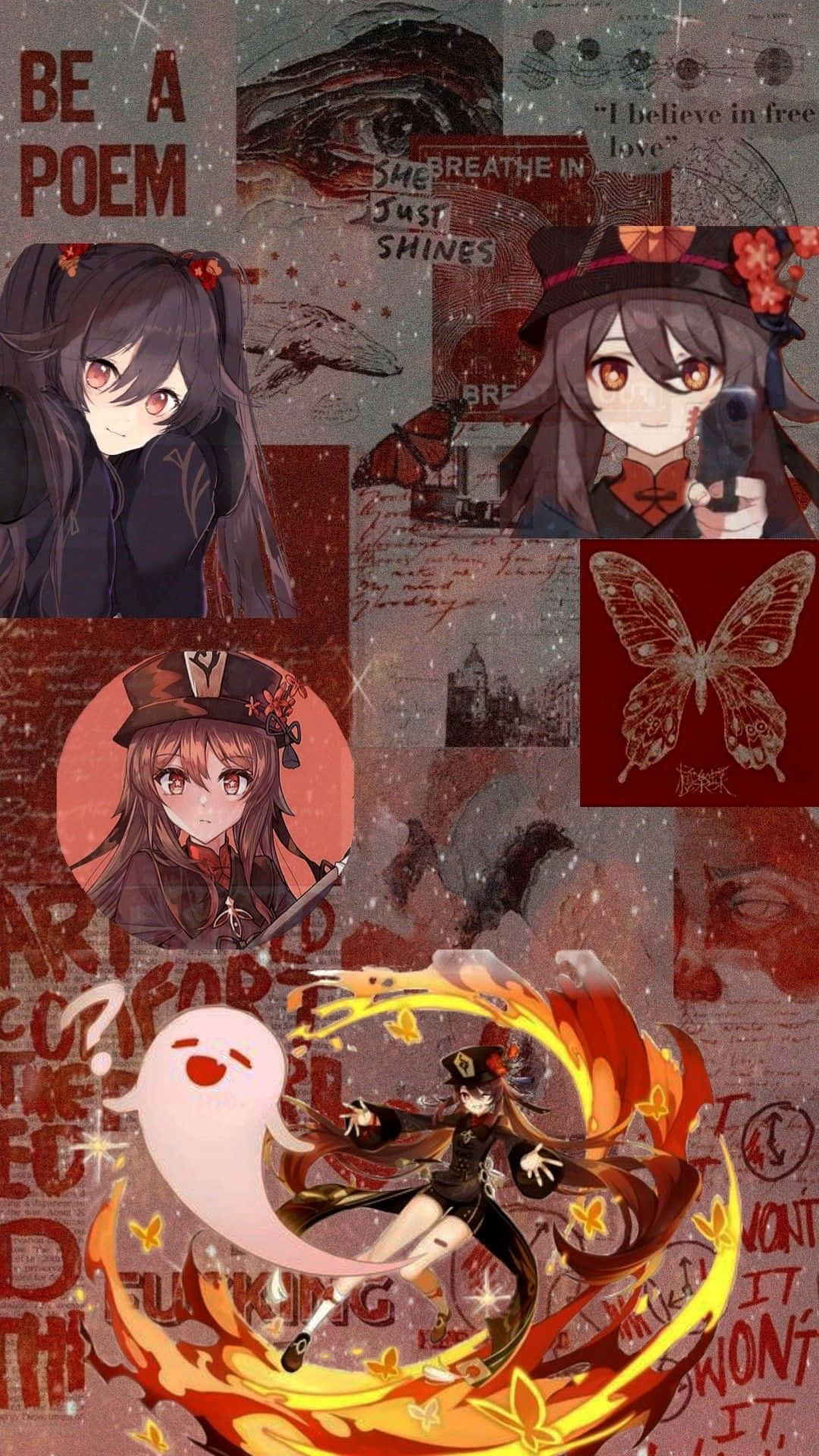 胡桃 桌布 壁紙 — 一幅充滿活力的動漫拼貼畫，描繪了一位火紅頭髮的女孩在行動中，幽靈般的人物、蝴蝶和詩意的文字，背景是帶有紋理的紅色和黑色。