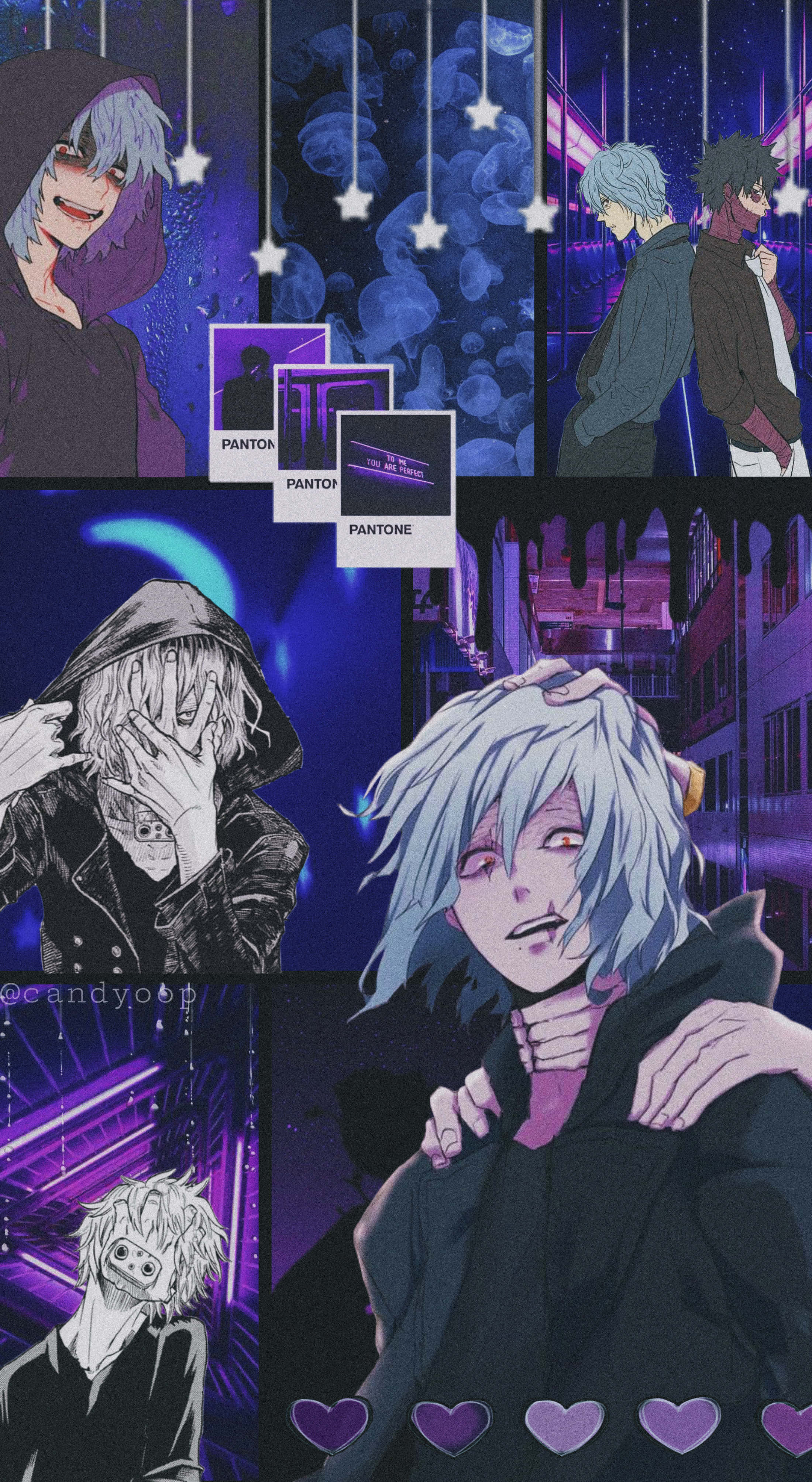 My Hero Academia Aesthetic 桌布 壁紙 — 一幅充滿活力的動漫拼貼畫，描繪了多個銀髮角色，背景是霓虹紫色的城市夜景。