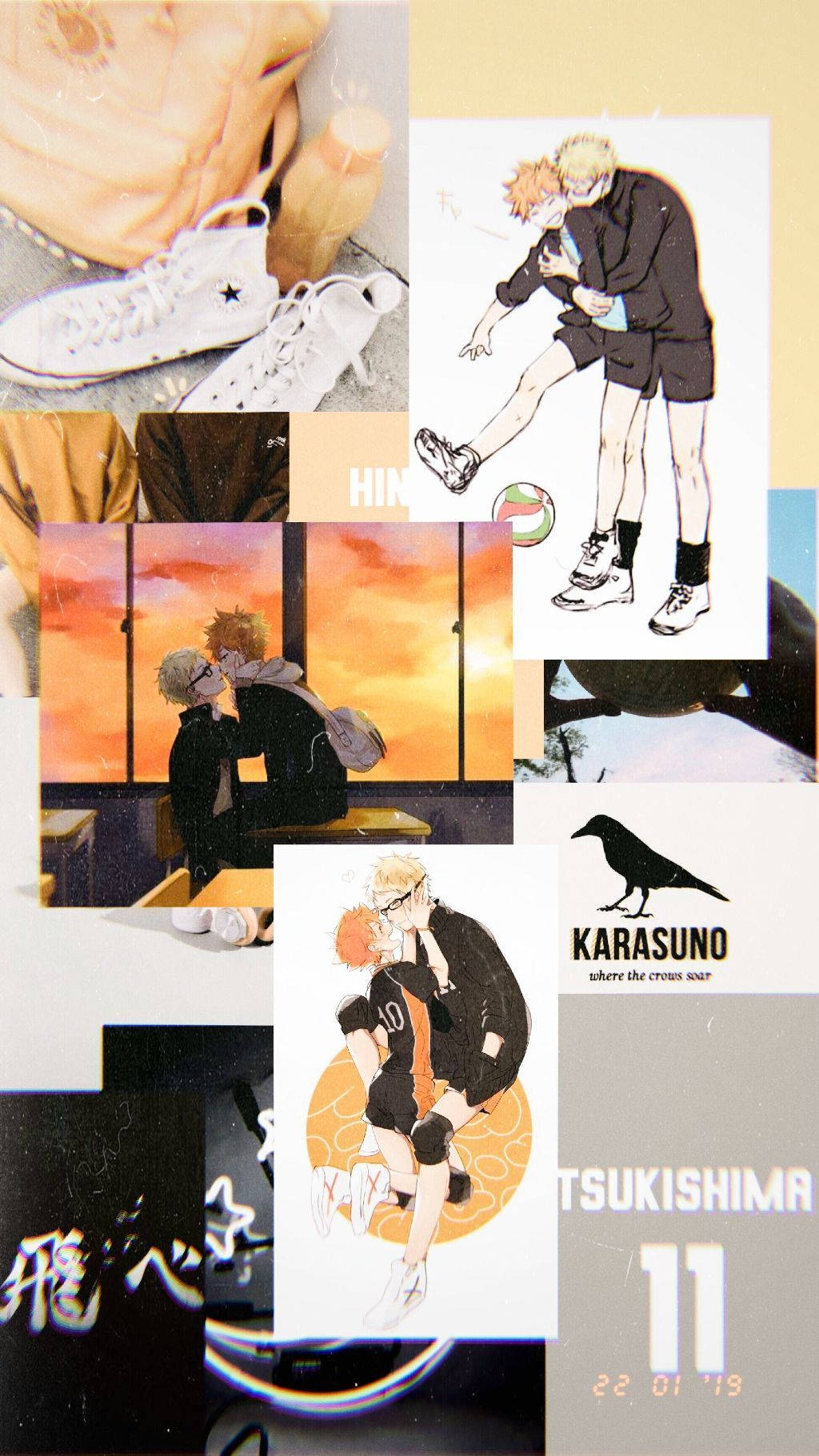kei tsukishima 桌布 壁紙 — 一幅充滿活力的動漫拼貼畫，描繪排球運動員在日落和城市背景下浪漫擁抱。