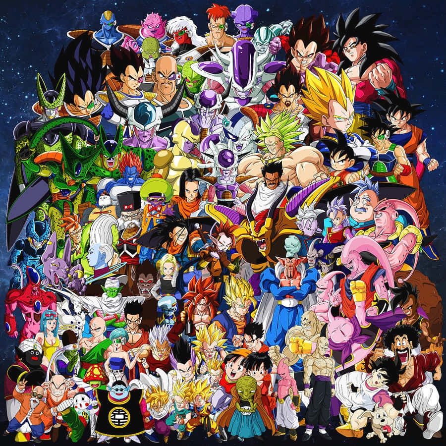 Dragon Ball Characters 桌布 壁紙 — 一幅充滿活力的動漫拼貼畫，描繪龍珠角色在星光宇宙背景下動感擺姿勢。