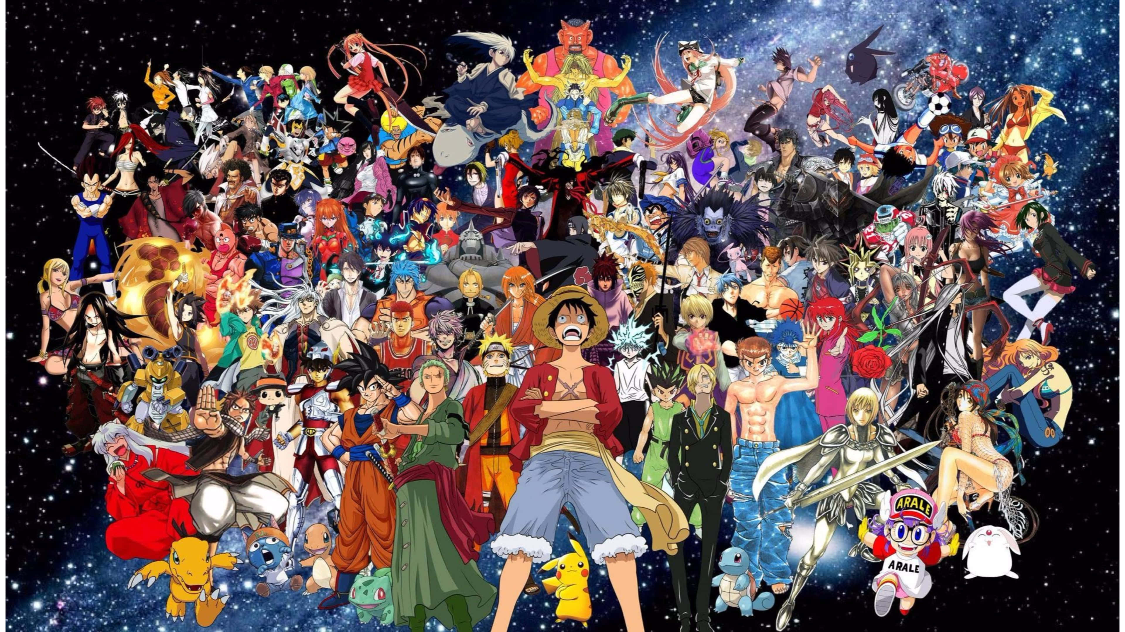 Anime Collage 桌布 壁紙 — 一幅充滿活力的動漫拼貼畫，數百個標誌性角色漂浮在星光燦爛的宇宙背景上。
