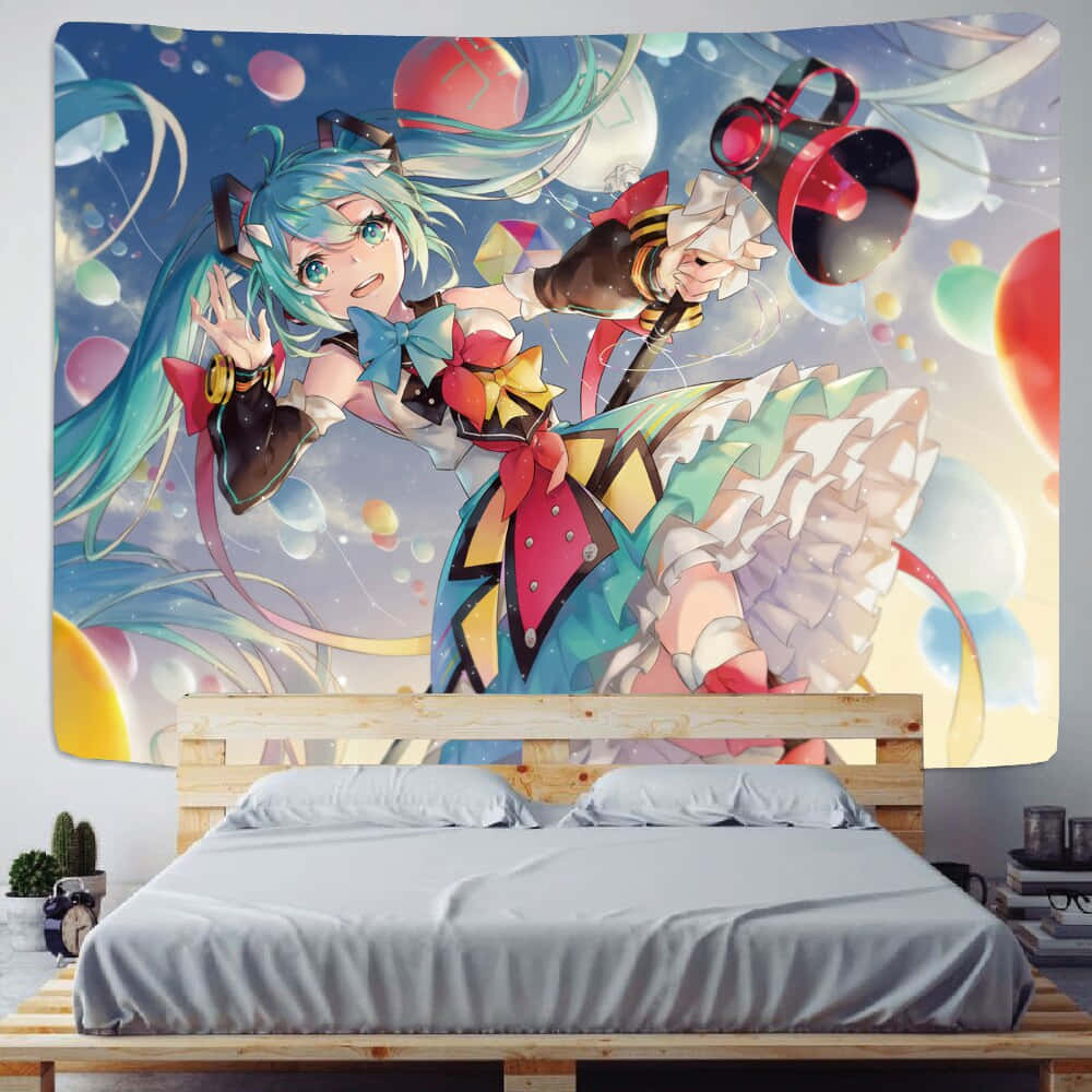 Cute Anime Bedroom 桌布 壁紙 — 一幅充滿活力的動漫掛毯，描繪一個開朗的藍髮貓耳角色拿著擴音器，周圍環繞著彩色氣球和旋轉絲帶，懸掛在木床上方。