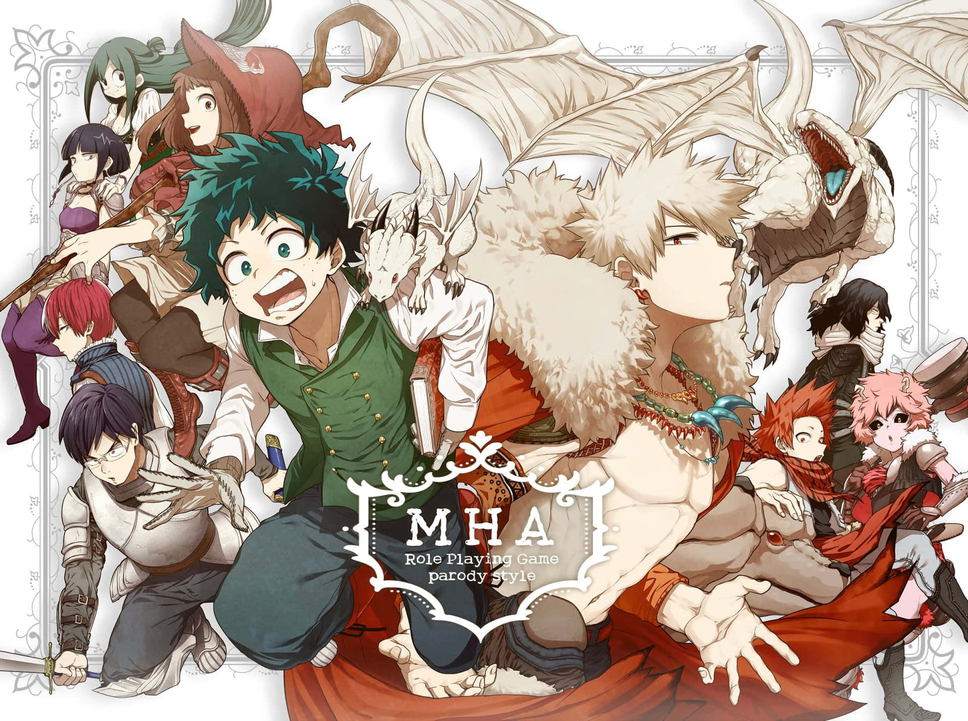 Mha 桌布 壁紙 — 一幅充滿活力的動漫插圖，以角色扮演遊戲惡搞風格描繪《我的英雄學院》角色，配有龍和動態姿勢。