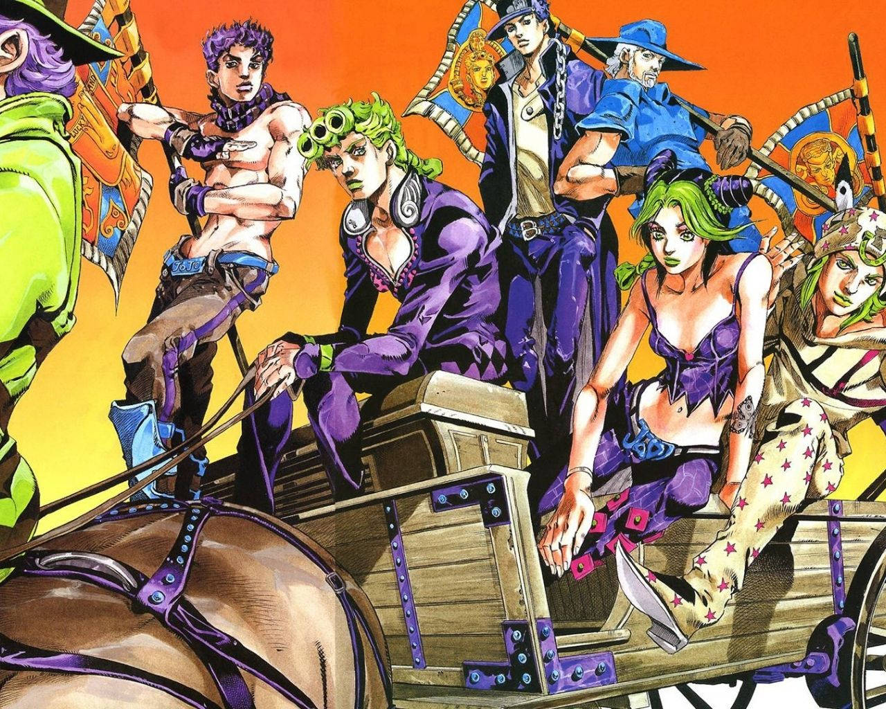 Jotaro 桌布 壁紙 — 一幅充滿活力的動漫插圖，描繪JoJo的奇妙冒險角色在馬拉的木製馬車上自信地擺姿勢，背景是火紅的橙色天空。