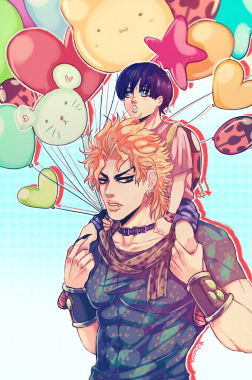 Giorno 桌布 壁紙 — 一幅充滿活力的動漫插圖，描繪一個肌肉發達、橙色頭髮的男人背著一個孩子，周圍環繞著彩色氣球。