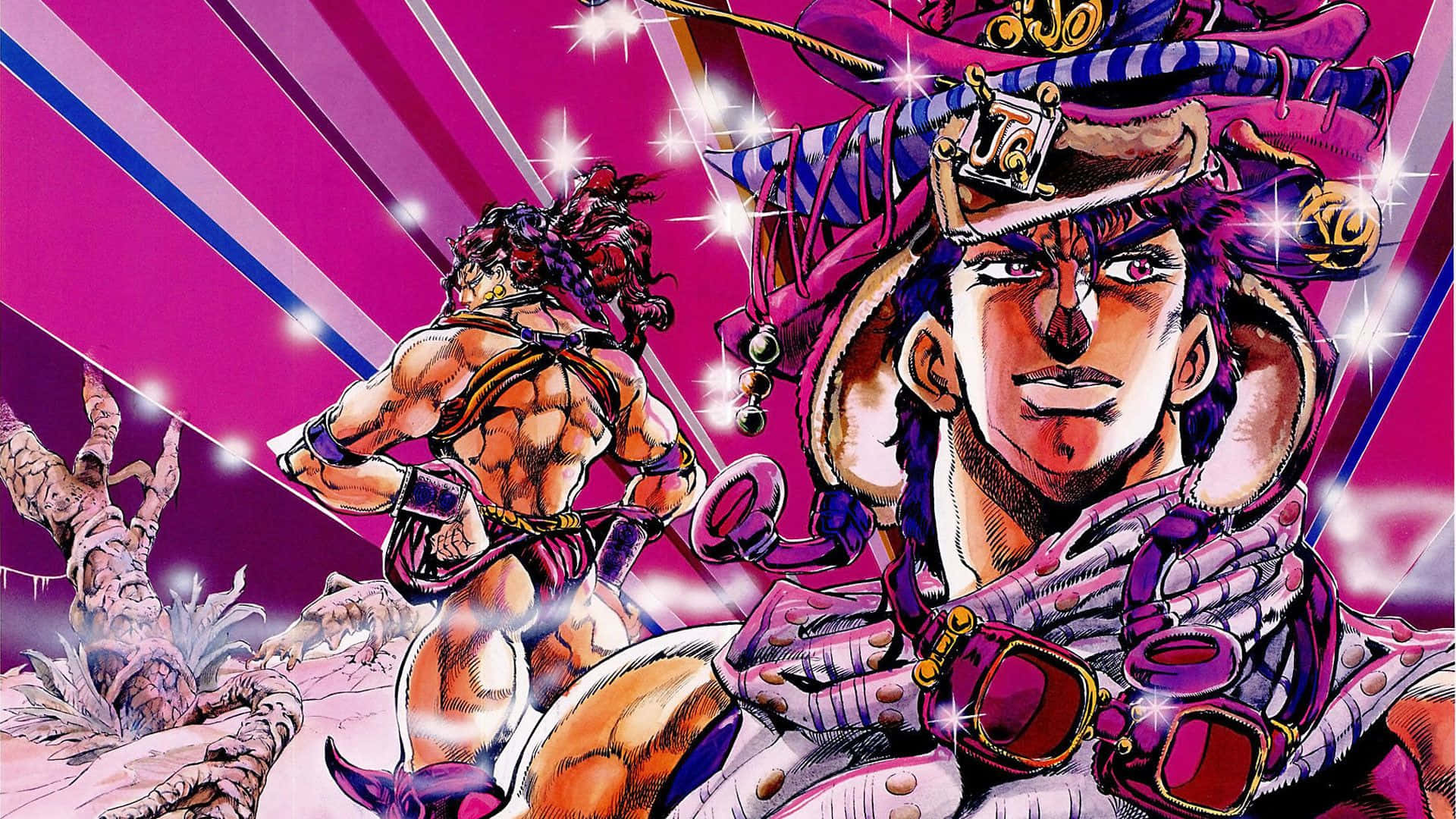 Jjba 桌布 壁紙 — 一幅充滿活力的動漫插圖，描繪一名肌肉發達的男子穿著紫色服裝和帽子，帶有發光的星星和動態線條，背景為洋紅色。