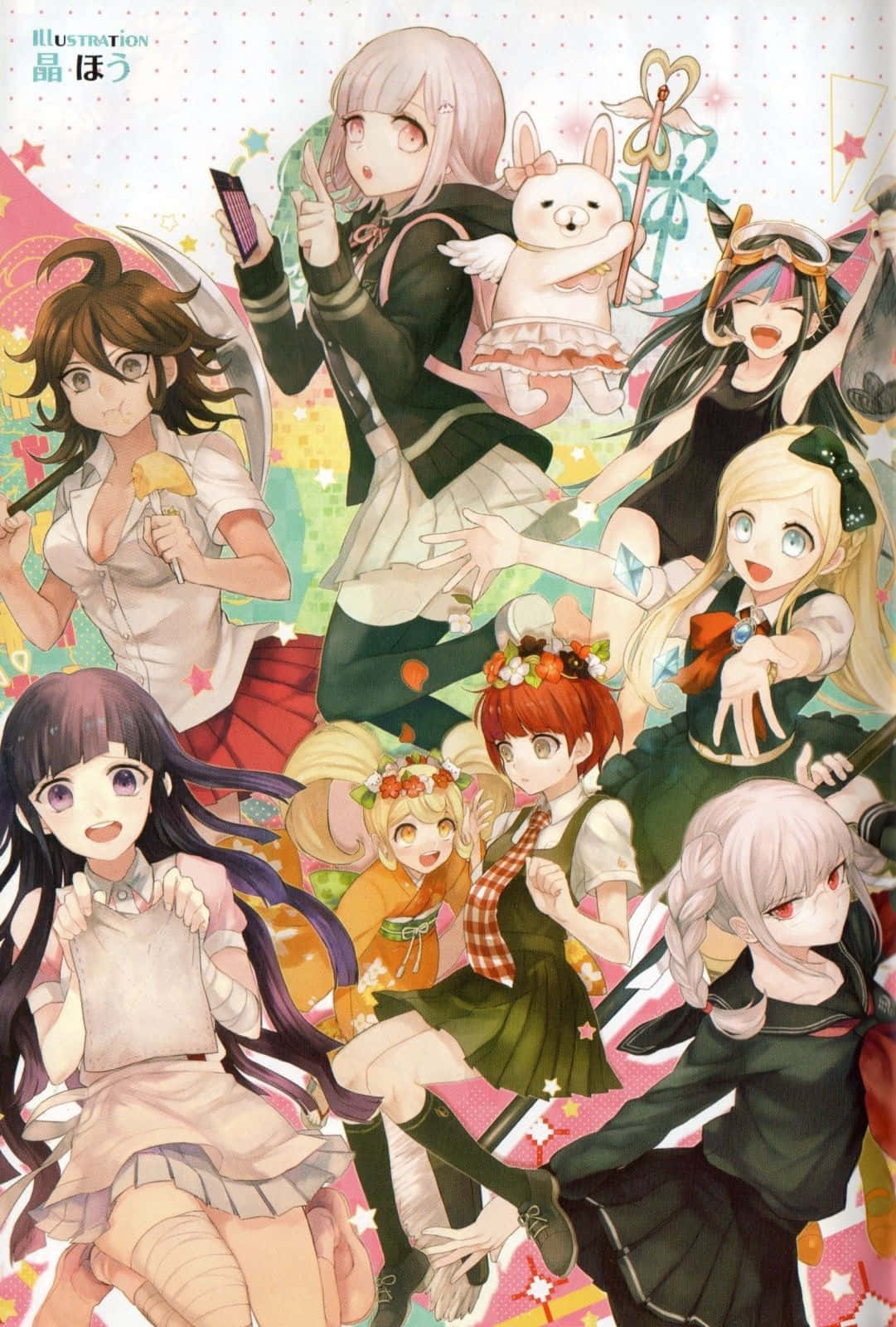game 桌布 壁紙 — 一幅充滿活力的動漫插圖，描繪一群多元化的女性角色在色彩繽紛的星空背景下俏皮地擺姿勢。