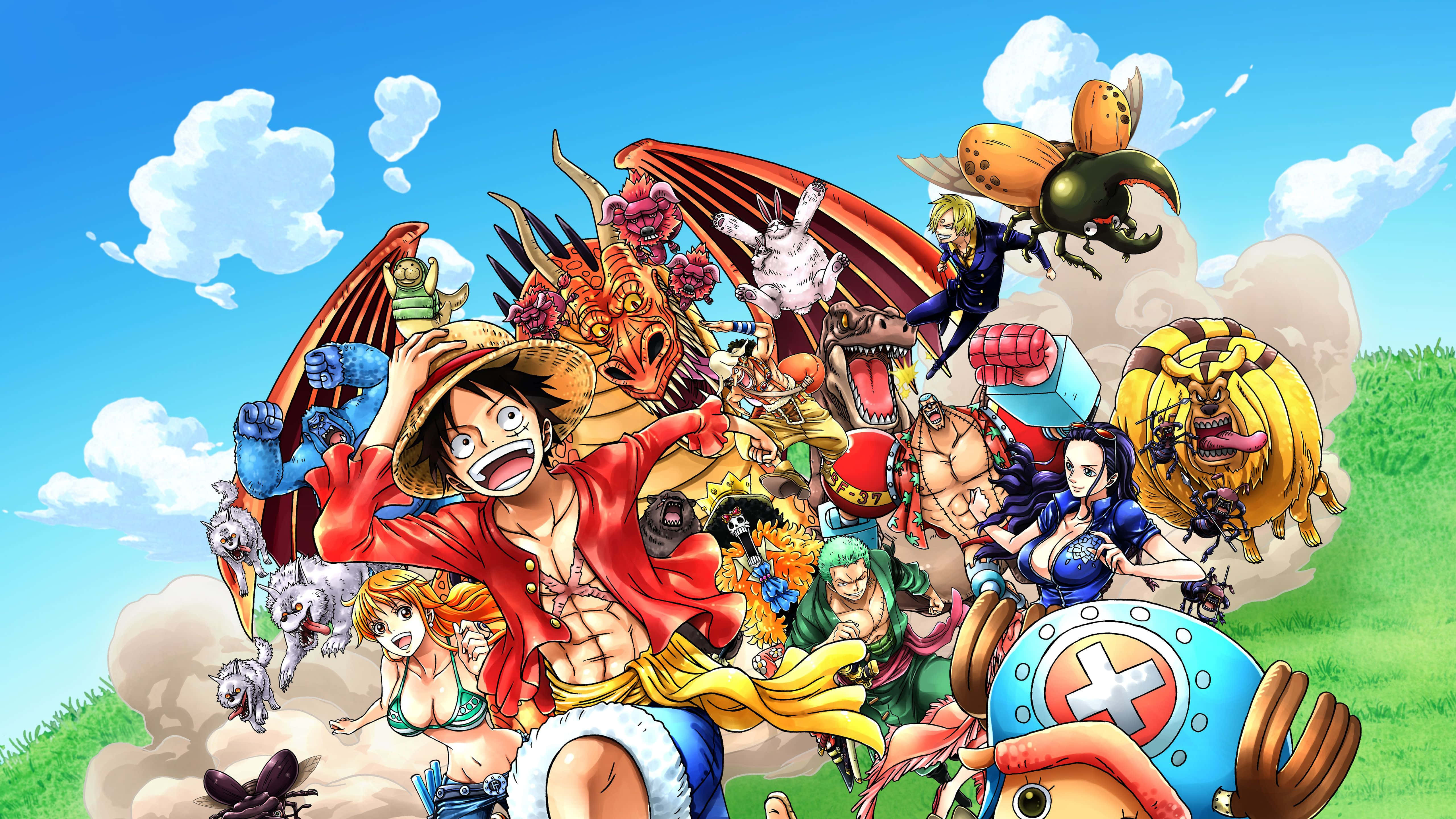 海賊王 4K 桌布 壁紙 — 一幅充滿活力的動漫插圖，描繪了《航海王》的船員和盟友聚集在長滿青草的山丘上，背景是晴朗的藍天和蓬鬆的白雲。