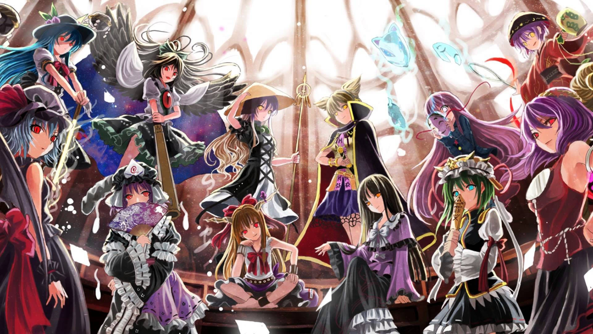 東方 桌布 壁紙 — 一幅充滿活力的動漫插圖，描繪了一群多元化的奇幻角色，擁有色彩繽紛的頭髮和精緻的服裝，在發光的神秘背景前動態擺姿勢。