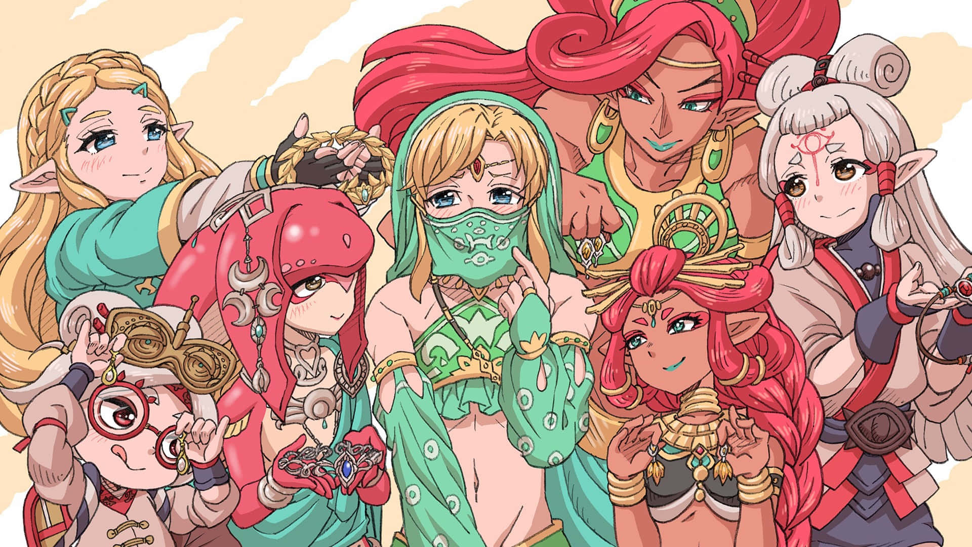 薩爾達 桌布 壁紙 — 一幅充滿活力的動漫插圖，描繪了七個多樣化的精靈般角色，擁有色彩繽紛的頭髮和華麗的服裝，一起擺姿勢。