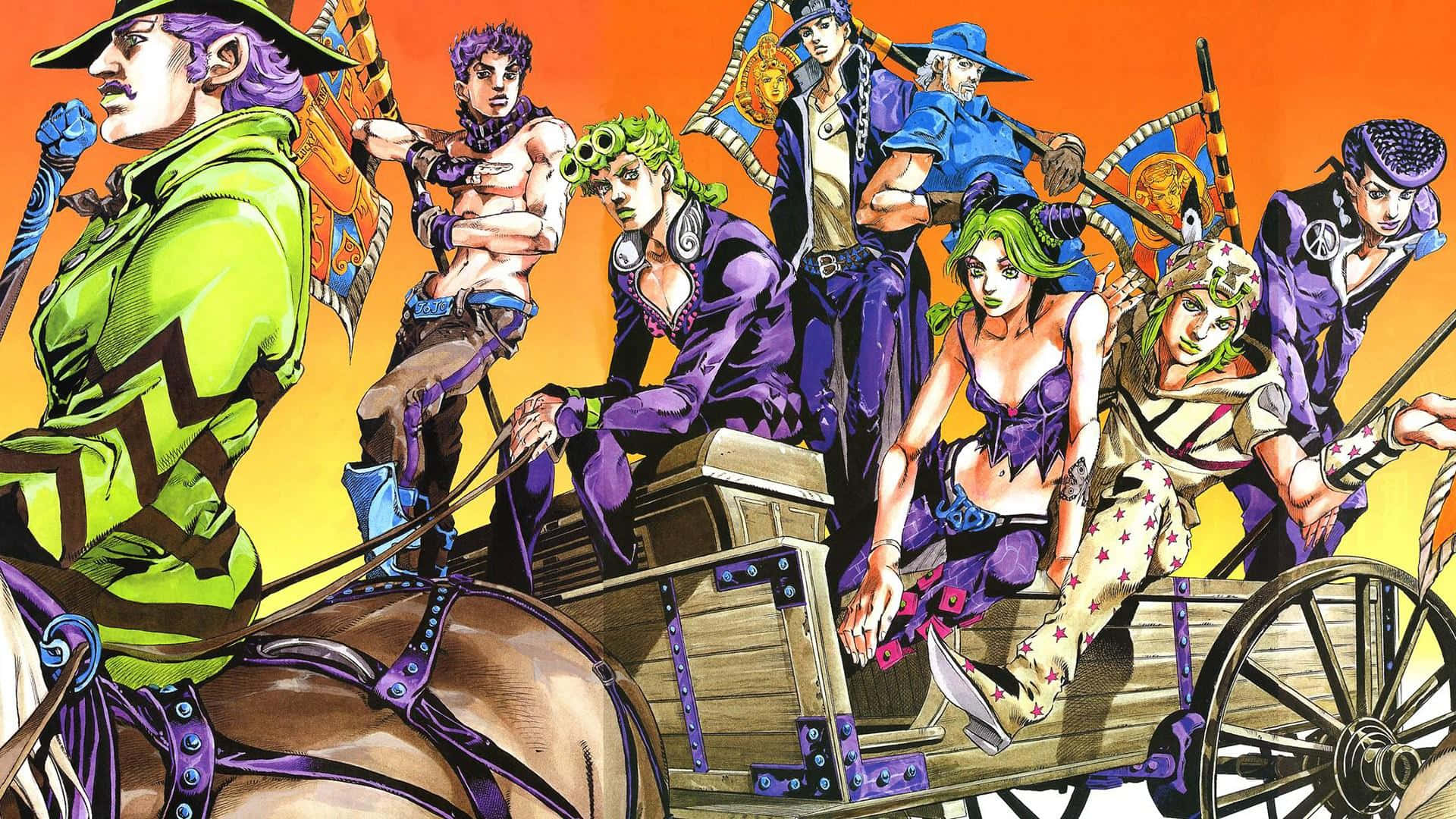 joseph joestar 桌布 壁紙 — 一幅充滿活力的動漫插圖，描繪了七個JoJo角色在馬拉木車上擺出動感姿勢，背景是火紅的橙色天空。