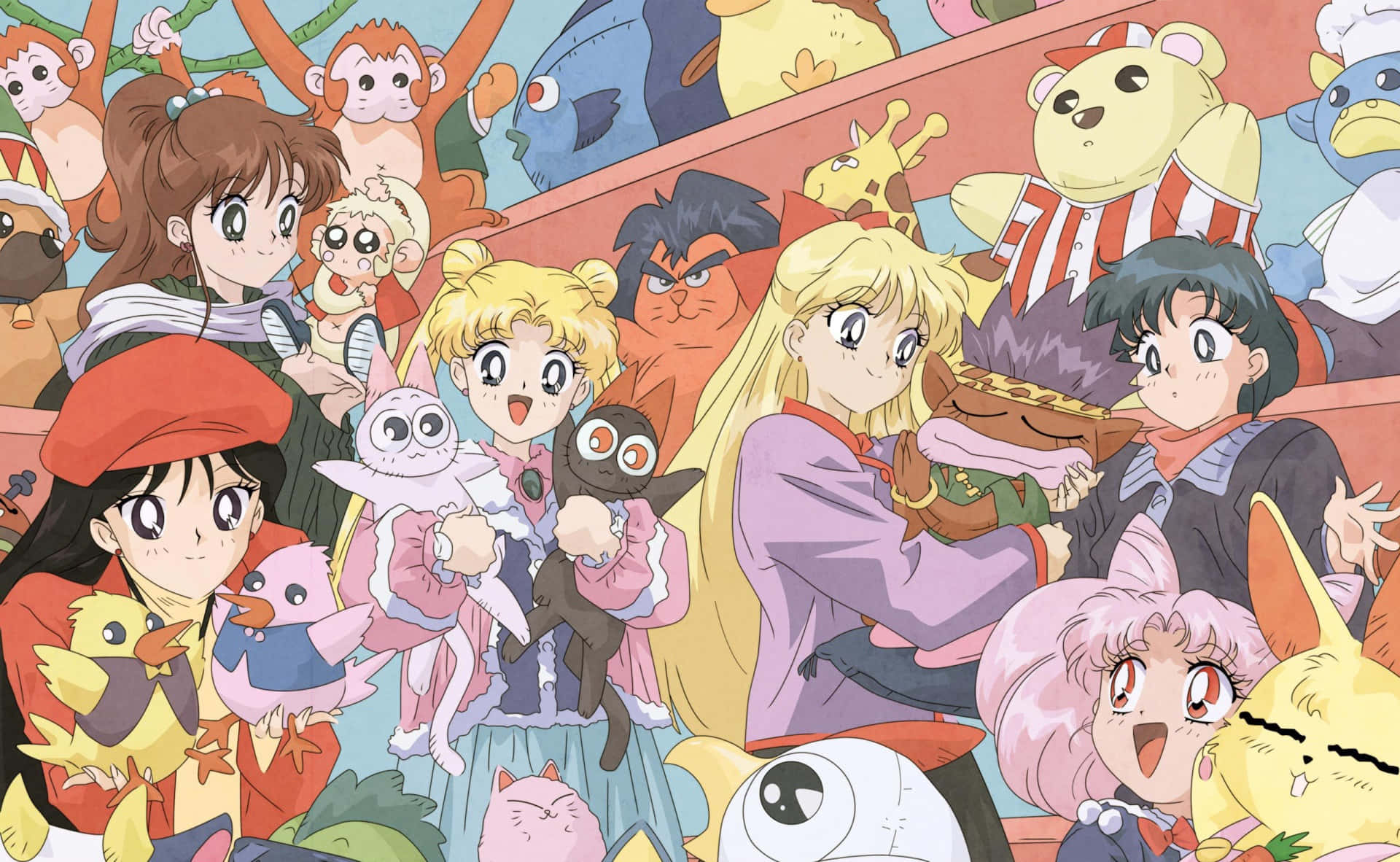 Aesthetic Sailor Moon 桌布 壁紙 — 一幅充滿活力的動漫插圖，描繪了各種角色和毛絨玩具緊密聚集在色彩繽紛、歡樂的人群中。