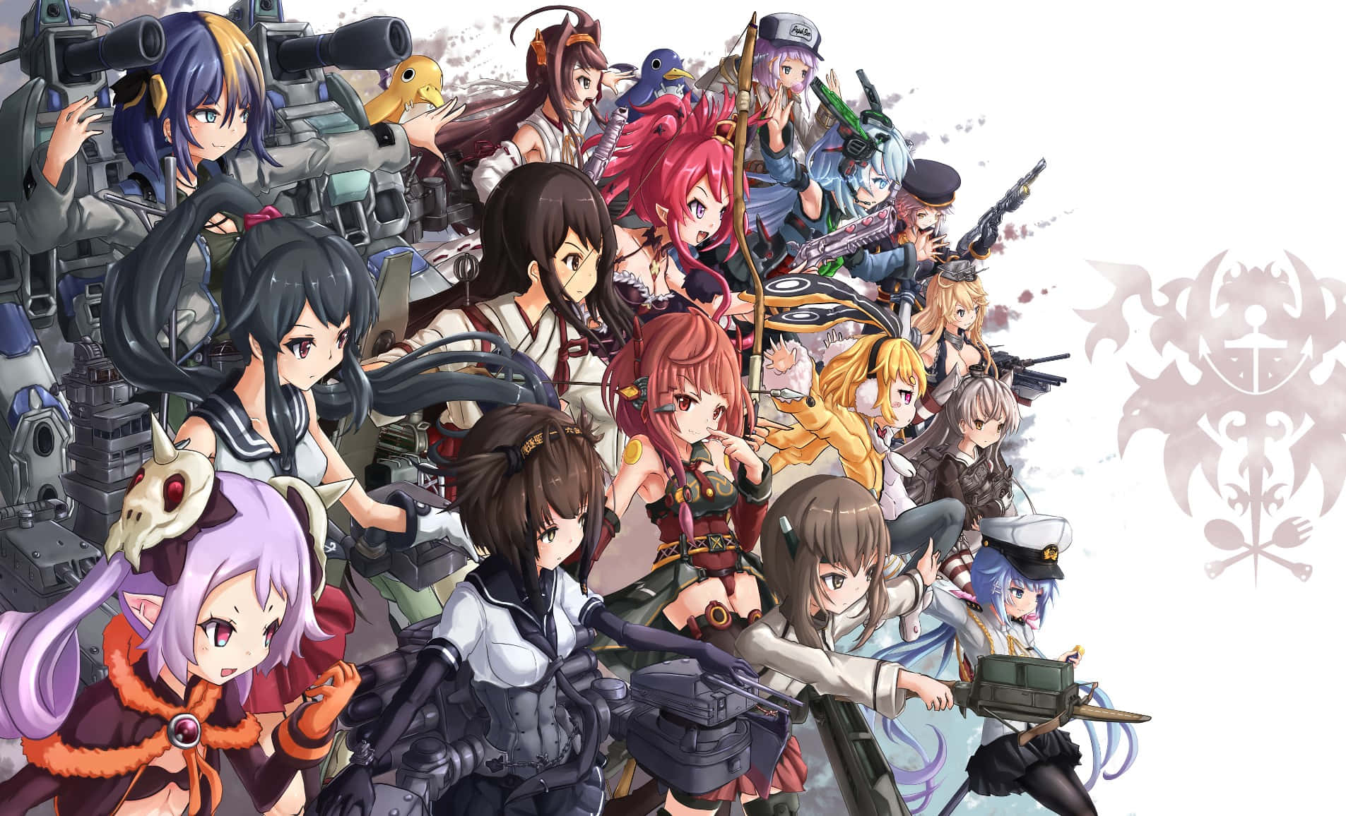 Kantai Collection 桌布 壁紙 — 一幅充滿活力的動漫插圖，描繪了多位身穿軍裝的女性角色在白色背景前手持武器擺姿勢。
