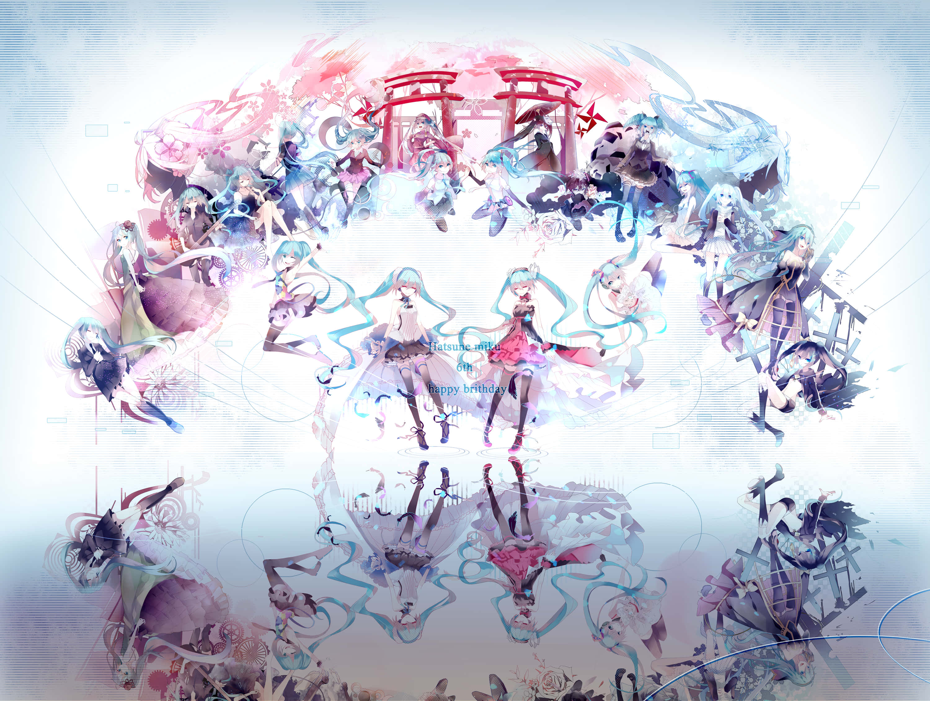 初音未來 桌布 壁紙 — 一幅充滿活力的動漫插圖，描繪了多個版本的初音未來在發光的鳥居周圍擺出動態姿勢，下方有鏡面倒影。