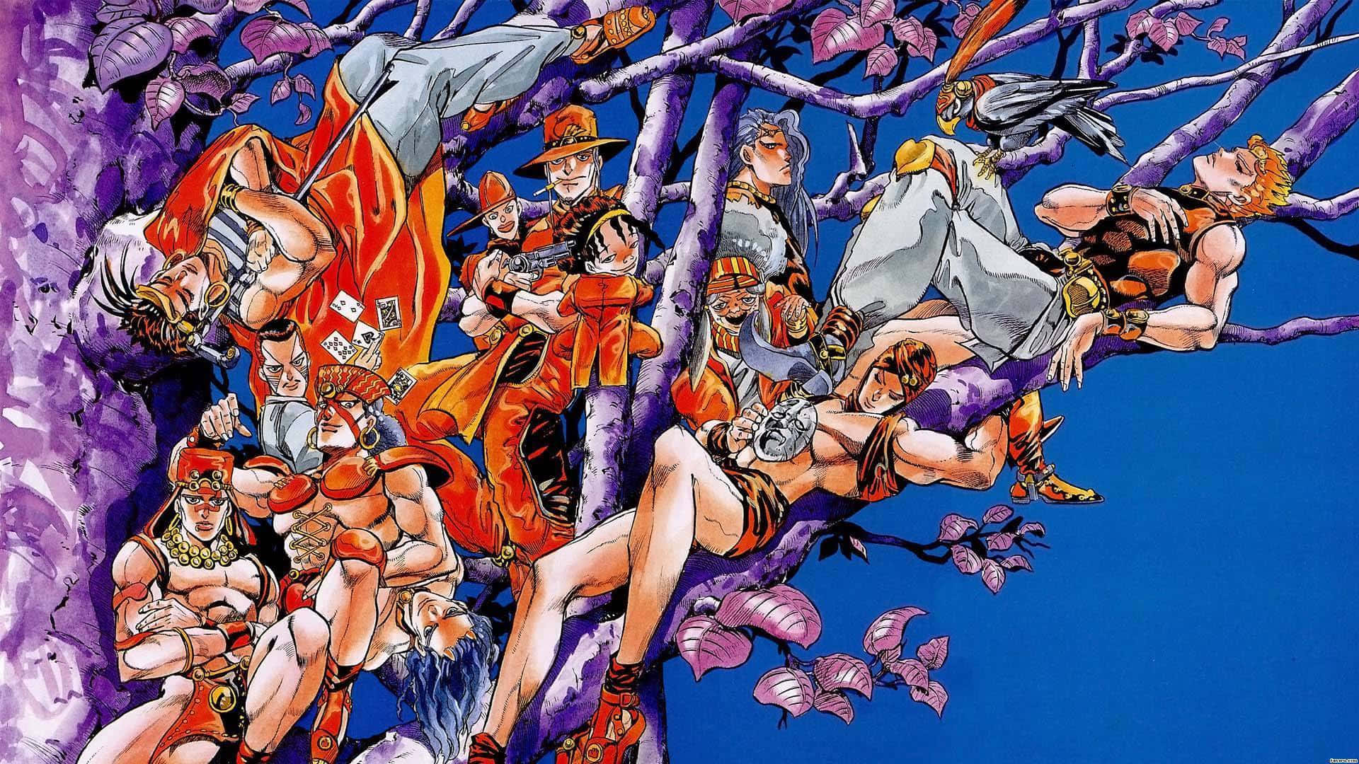 Jjba 桌布 壁紙 — 一幅充滿活力的動漫插圖，描繪了多個肌肉發達的角色，身穿紅色和橙色服裝，棲息在紫色的樹枝上，背景是深藍色的天空。