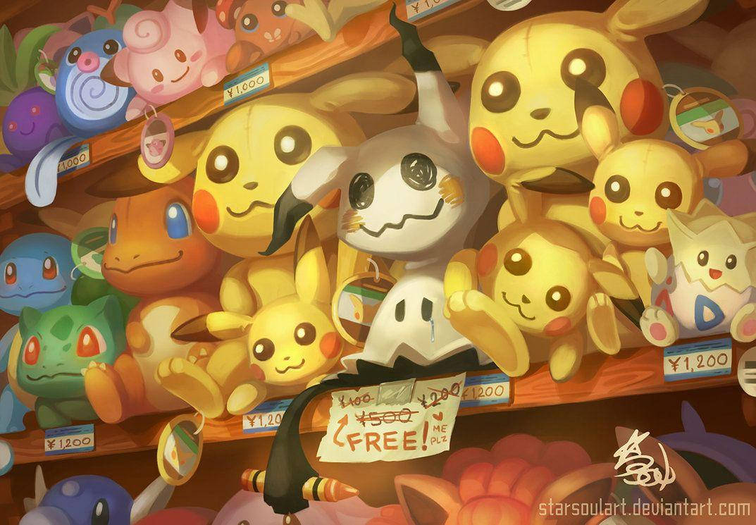 數位藝術 桌布 壁紙 — 一幅充滿活力的動漫插圖，描繪了許多皮卡丘和其他寶可夢絨毛玩具堆疊在帶有價格標籤的木架上。