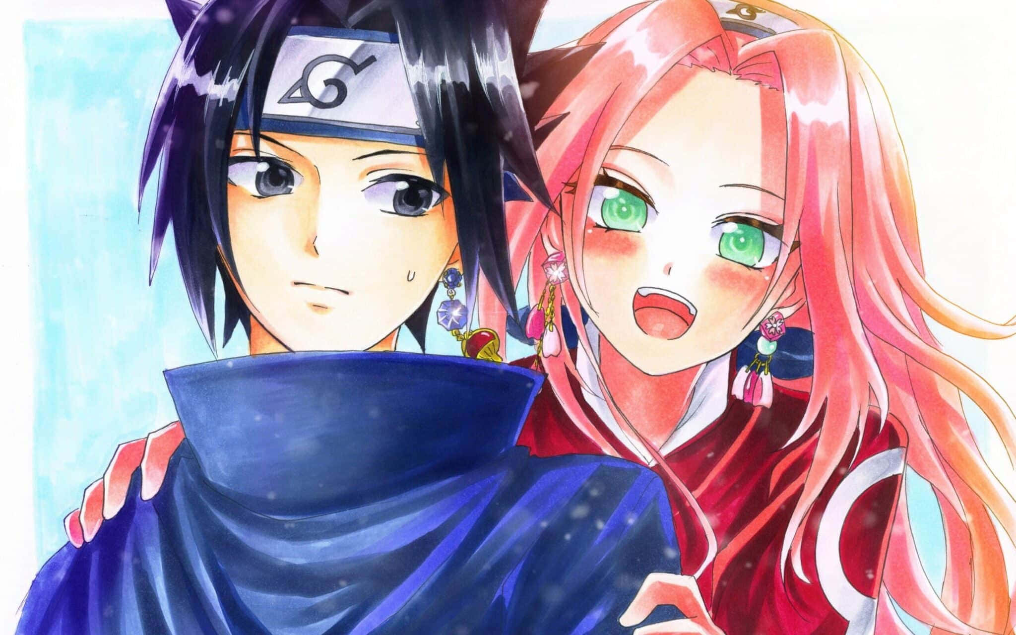 Sasuke 桌布 壁紙 — 一幅充滿活力的動漫插圖，描繪兩個角色，一個深色頭髮戴頭帶，另一個粉紅色頭髮綠色眼睛，溫暖地擁抱。
