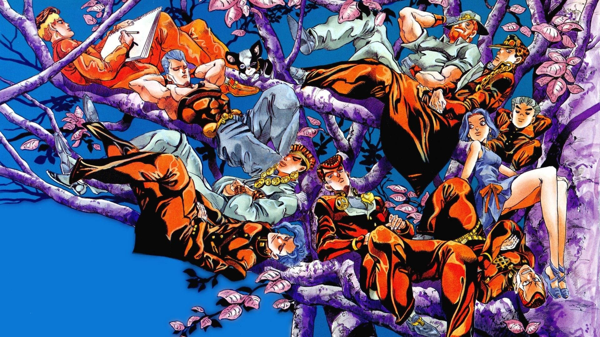Jojo 桌布 壁紙 — 一幅充滿活力的動漫插圖，描繪多個角色在開滿粉紅色花朵的樹上休息，背景是明亮的藍天。