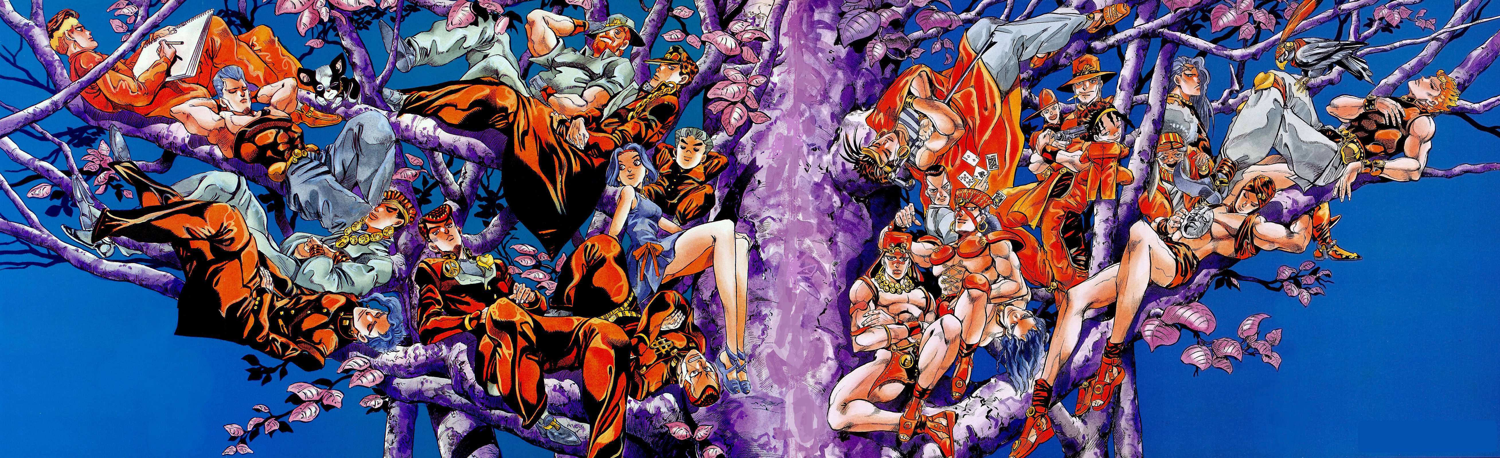 jojo 4K 桌布 壁紙 — 一幅充滿活力的動漫插圖，描繪眾多角色在明亮的藍天下，躺在一棵廣闊的紫色樹上。