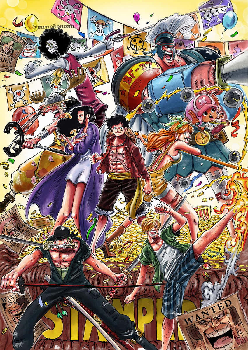 One Piece Stampede 桌布 壁紙 — 一幅充滿活力的動漫插圖，描繪草帽海賊團在懸賞海報中慶祝，周圍有五彩紙屑和寶藏。