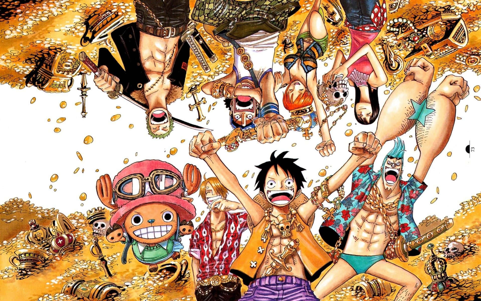 海賊王 桌布 壁紙 — 一幅充滿活力的動漫插圖，描繪草帽海賊團在金幣和寶藏雨中慶祝。