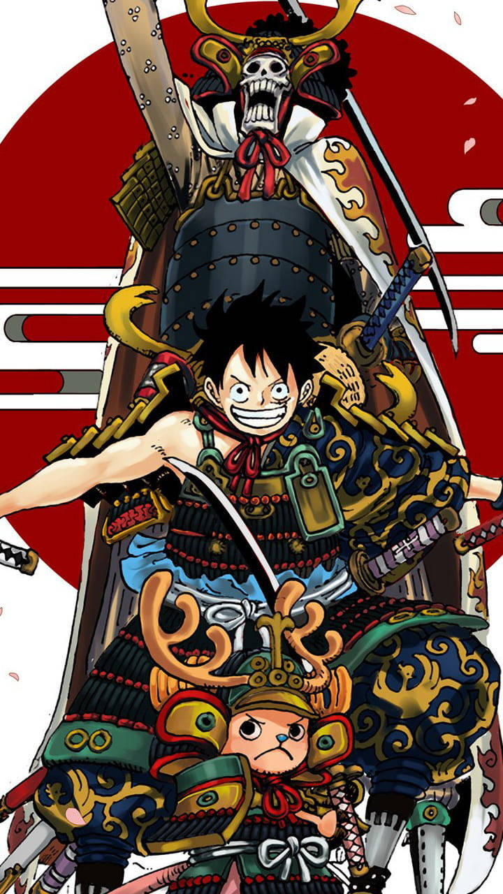 Wano 桌布 壁紙 — 一幅充滿活力的動漫插圖，描繪魯夫和喬巴穿著華麗的武士鎧甲，一個骷髏戰士在他們身後隱現，背景是紅色的太陽。