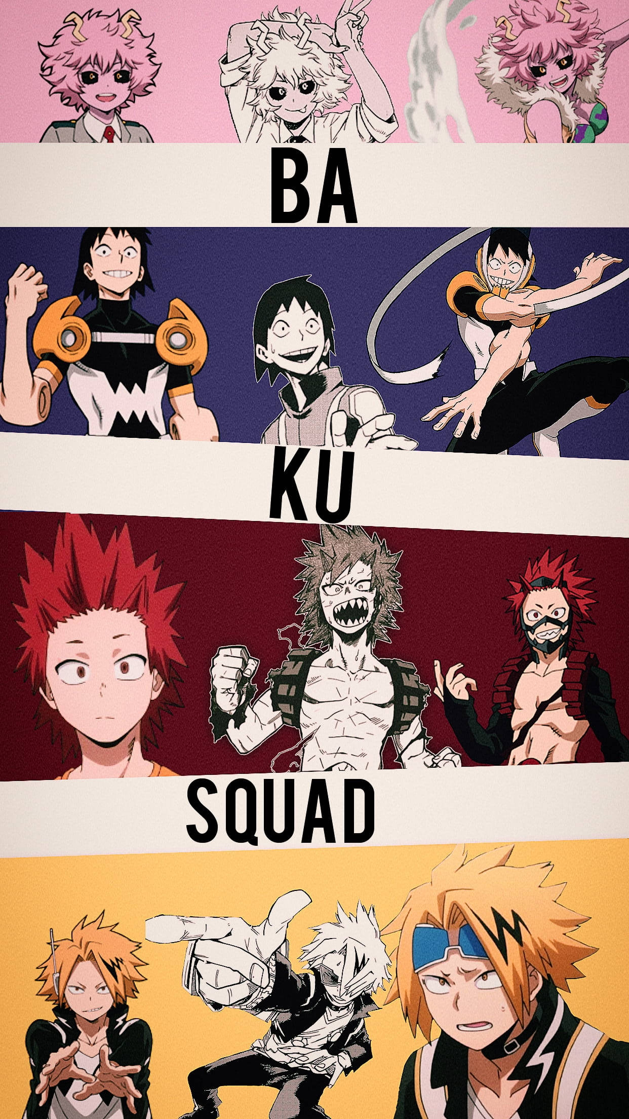 Bakusquad 桌布 壁紙 — 一幅充滿活力的動漫桌布， featuring 《我的英雄學院》中的爆豪小隊以動感姿勢橫跨色彩繽紛的水平色帶。