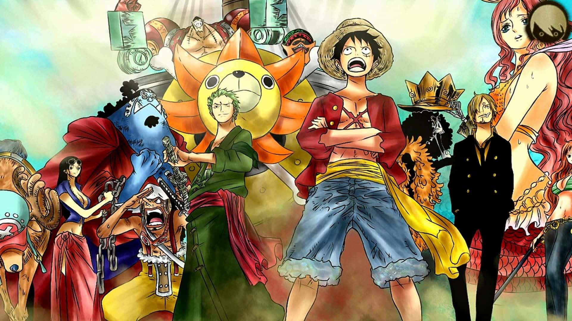 Straw Hat Pirates 桌布 壁紙 — 一幅充滿活力的動漫桌布， featuring 來自《航海王》的草帽海賊團在色彩繽紛的天空背景下擺出動態姿勢。