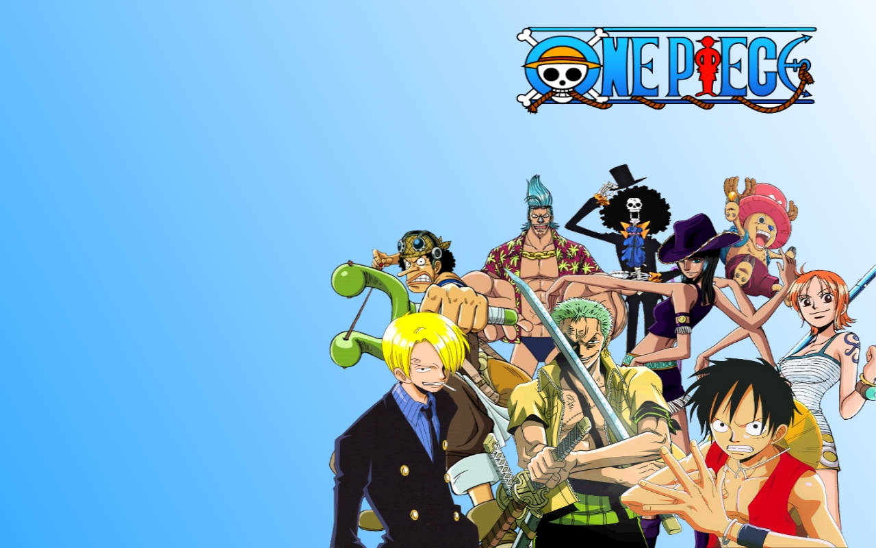 海賊王 藍色 桌布 壁紙 — 一幅充滿活力的動漫桌布，One Piece 船員在晴朗的藍天下動態擺姿勢，上方有節目標誌。