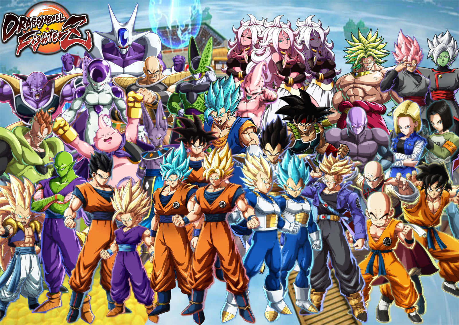 Dragon Ball Characters 桌布 壁紙 — 一幅充滿活力的動漫桌布，以明亮的天空為背景，展示數十個《七龍珠 鬥士Z》角色擺出動感姿勢。