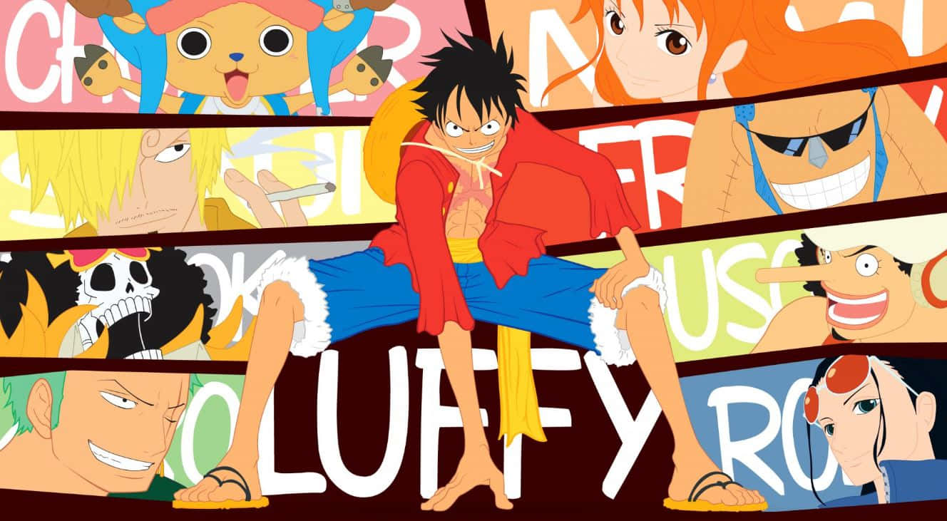 Luffy 桌布 壁紙 — 一幅充滿活力的動漫桌布，以蒙奇·D·魯夫為中心，周圍是他的船員，以大膽的漫畫格呈現。