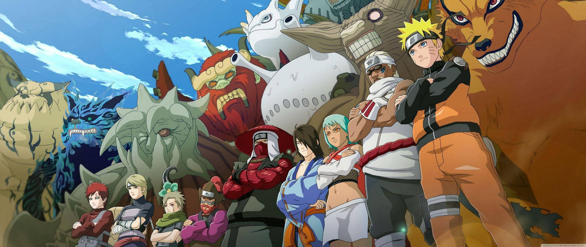 Naruto Final Form 桌布 壁紙 — 一幅充滿活力的動漫桌布，描繪了鳴人和他的盟友在明亮的藍天下自信地站在他們強大的九尾獸旁邊。
