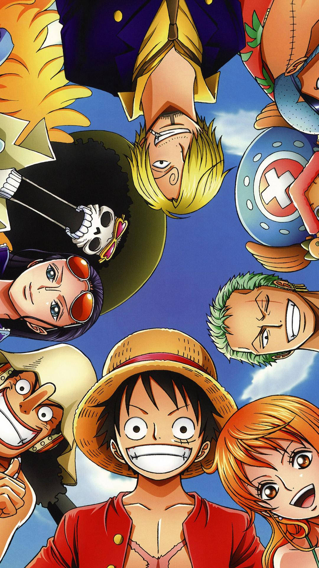 One Piece Phone 桌布 壁紙 — 一幅充滿活力的動漫桌布，描繪草帽海賊團在明亮的藍天下俯視觀眾。
