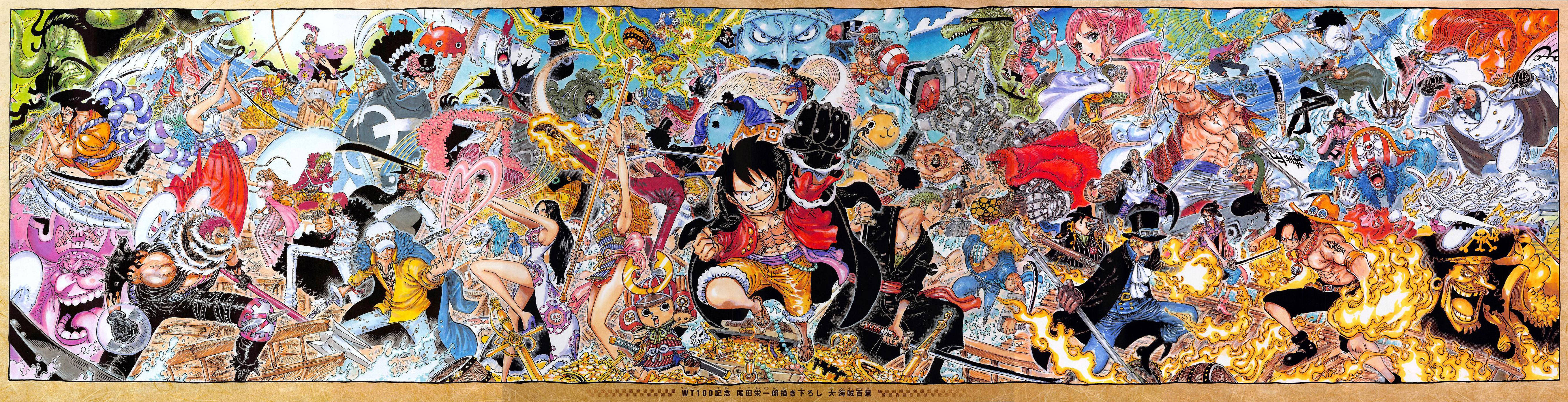 one piece art 桌布 壁紙 — 一幅充滿活力的動漫桌布，數十個航海王角色在混亂多彩的場景中擺出動態戰鬥姿勢。
