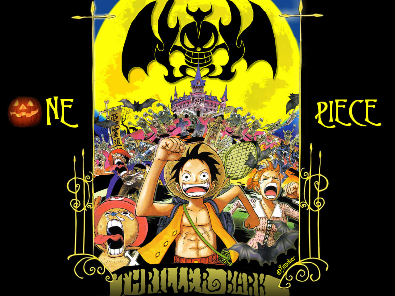 Thriller Bark 桌布 壁紙 — 一幅充滿活力的動漫海報，描繪魯夫和船員在巨大黃月亮下的恐怖三桅帆船場景中，進行混亂的萬聖節主題慶祝。
