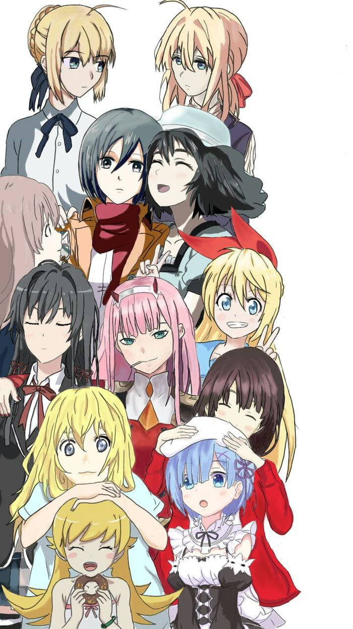 動漫女孩 桌布 壁紙 — 一幅充滿活力的動漫群體肖像，以多樣化的女性角色為特色，表情各異，服裝色彩繽紛，背景為純白色。