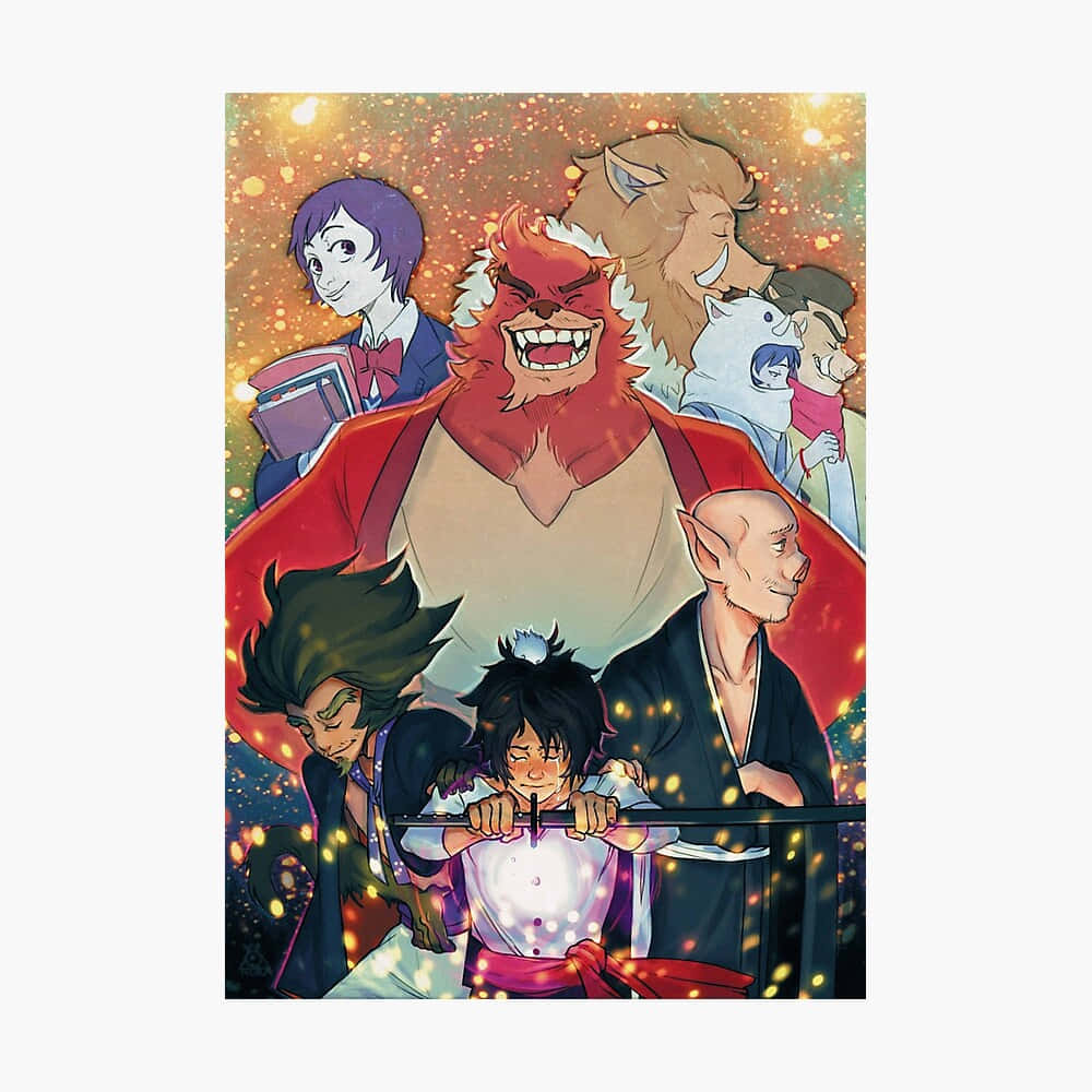 The Boy And The Beast 桌布 壁紙 — 一幅充滿活力的動漫群體肖像，描繪了一隻紅色毛髮的野獸、一個揮劍的少年，以及各種角色，背景是閃閃發光的金色。