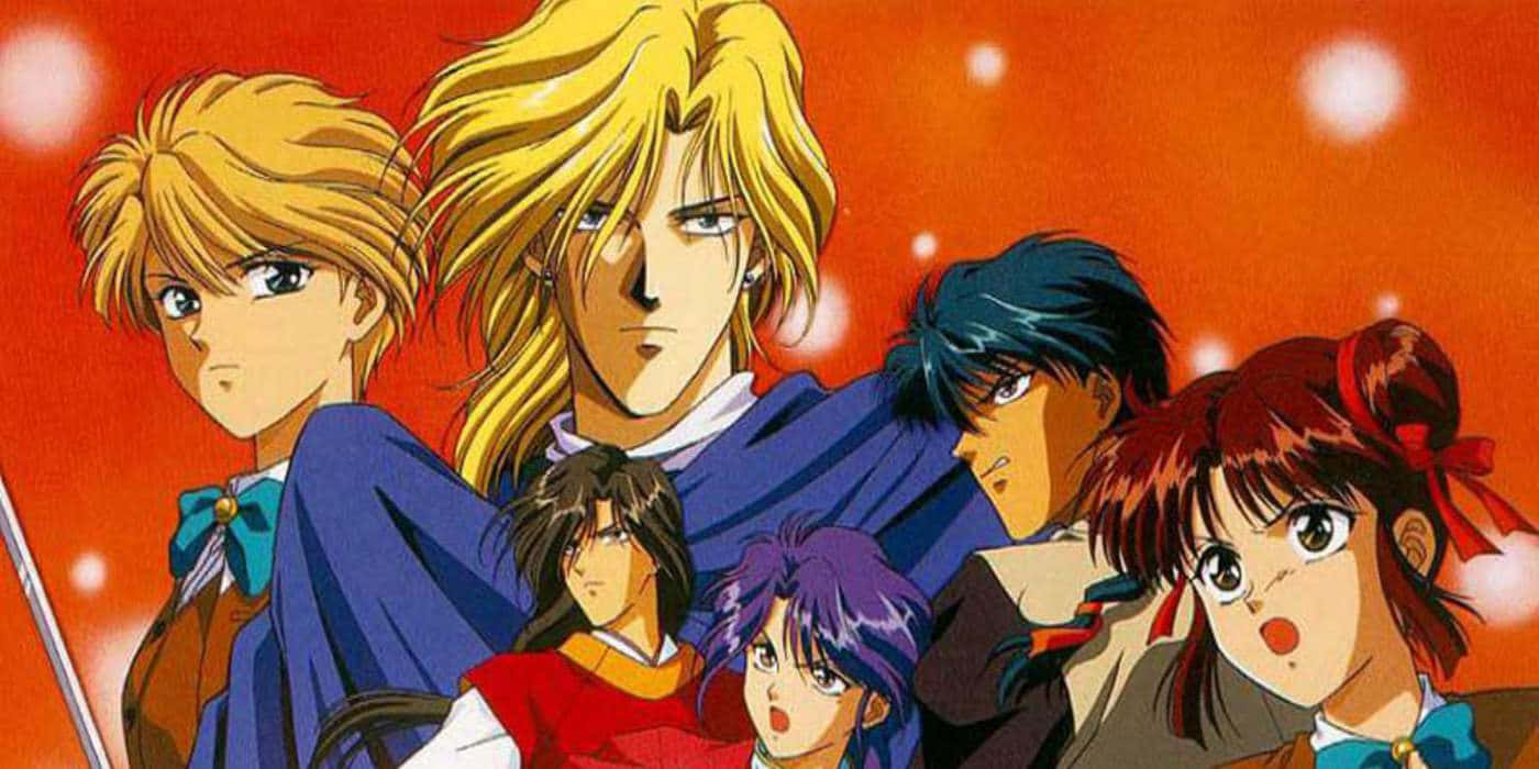 Fushigi Yuugi 桌布 壁紙 — 一幅充滿活力的動漫群體肖像，描繪了六個表情豐富的角色，背景是火熱的橙色和發光的球體。